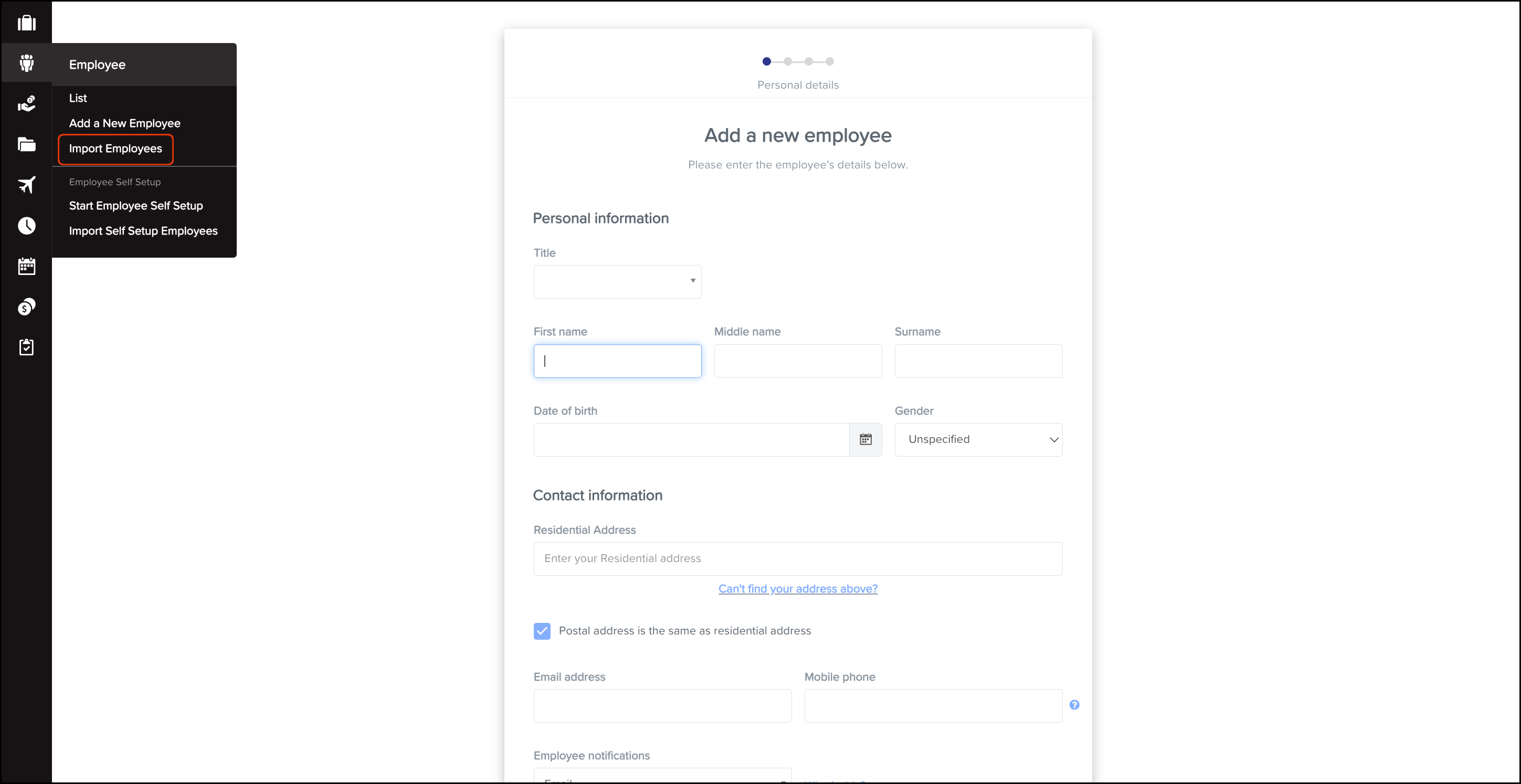 screenshot of Employee submenu, highlighting Import employees button.jpeg