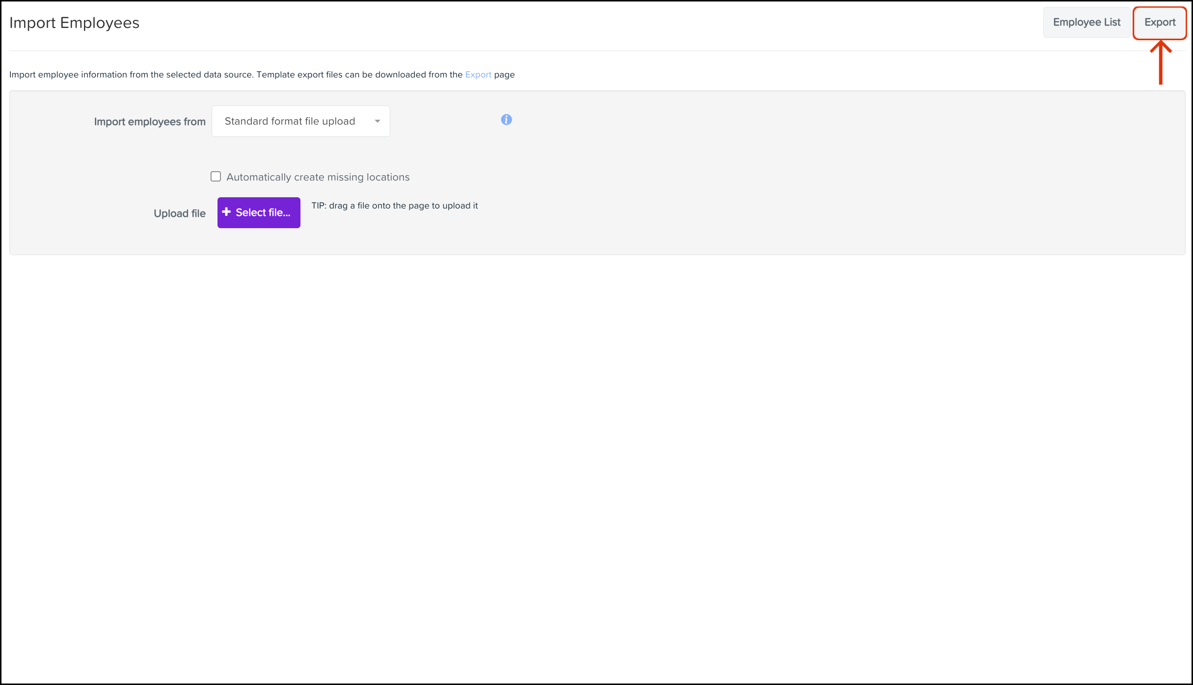 screenshot of Import Employees page, highlighting Export button.jpeg