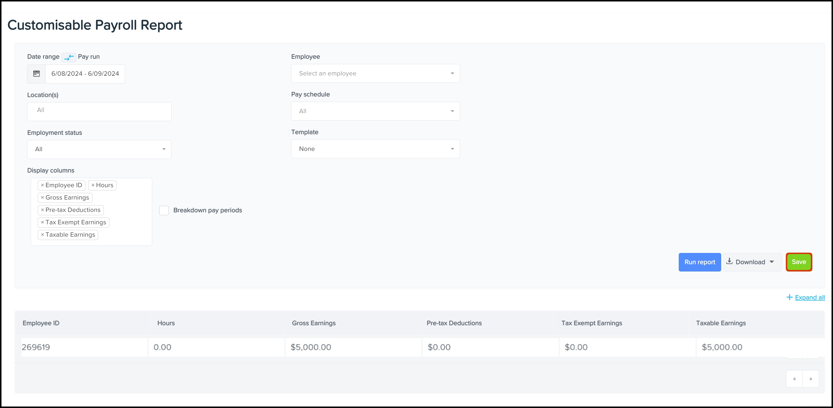 screenshot of Customisable Payroll Report page, highlighting Save button.jpg