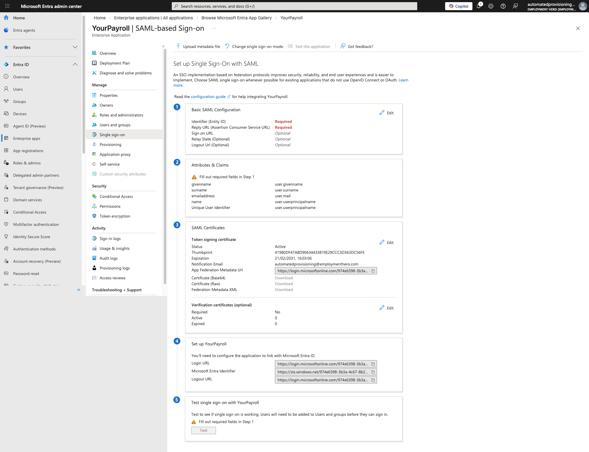 Entra configuration details