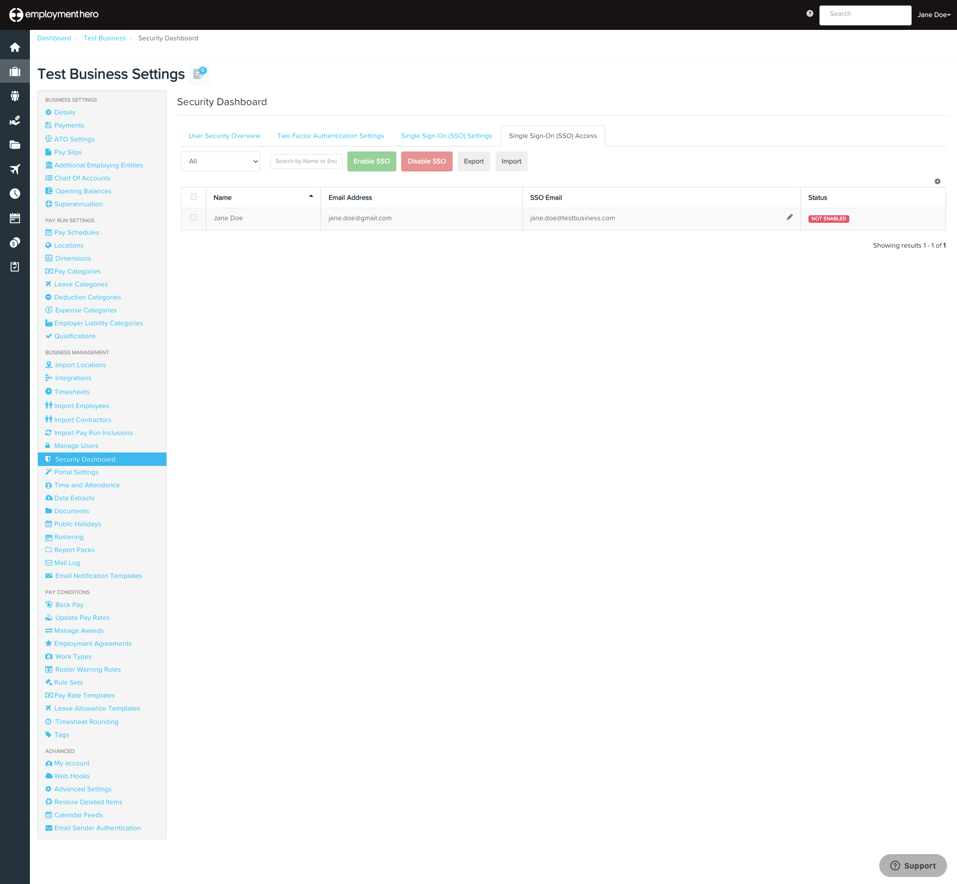 SSO Access Tab view