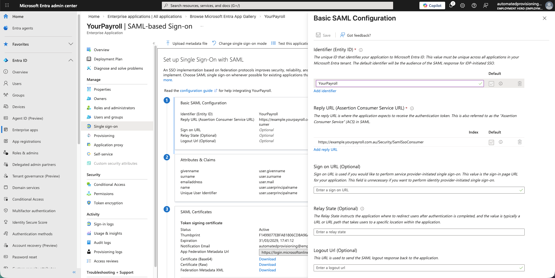 Entra configuration save