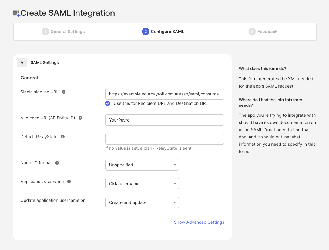 Okta SAML settings