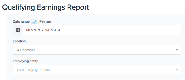 Qualifying Earnings Report filter panel showing date range-pay run selector.png