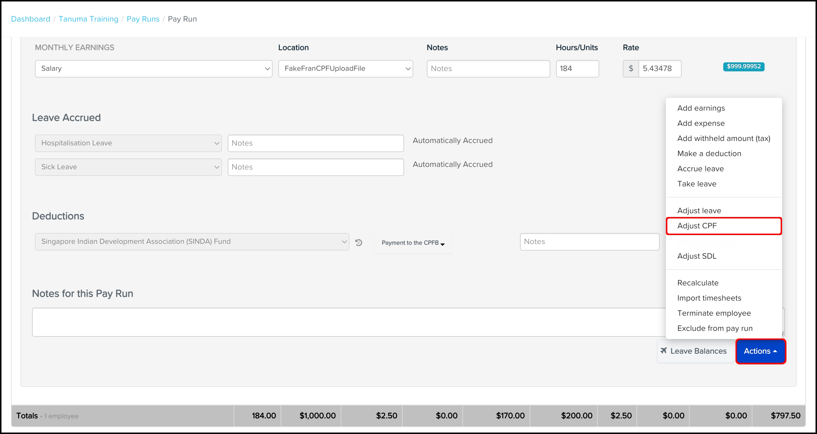 screenshot of the pay run, highlighting the actions and adjust CPF buttons for an employee.png