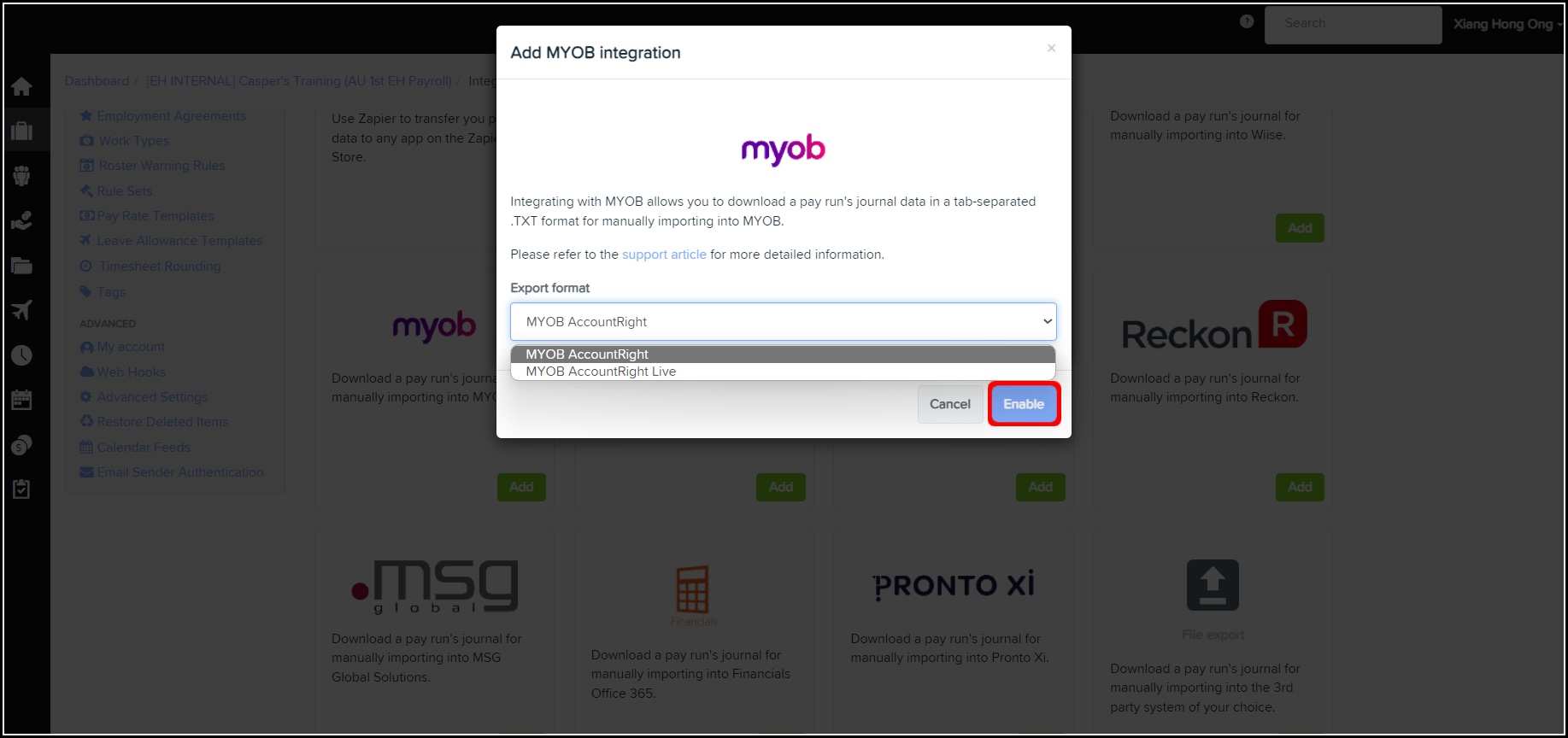 Screenshot of myob integration confirmation, highlighting enable button.jpg