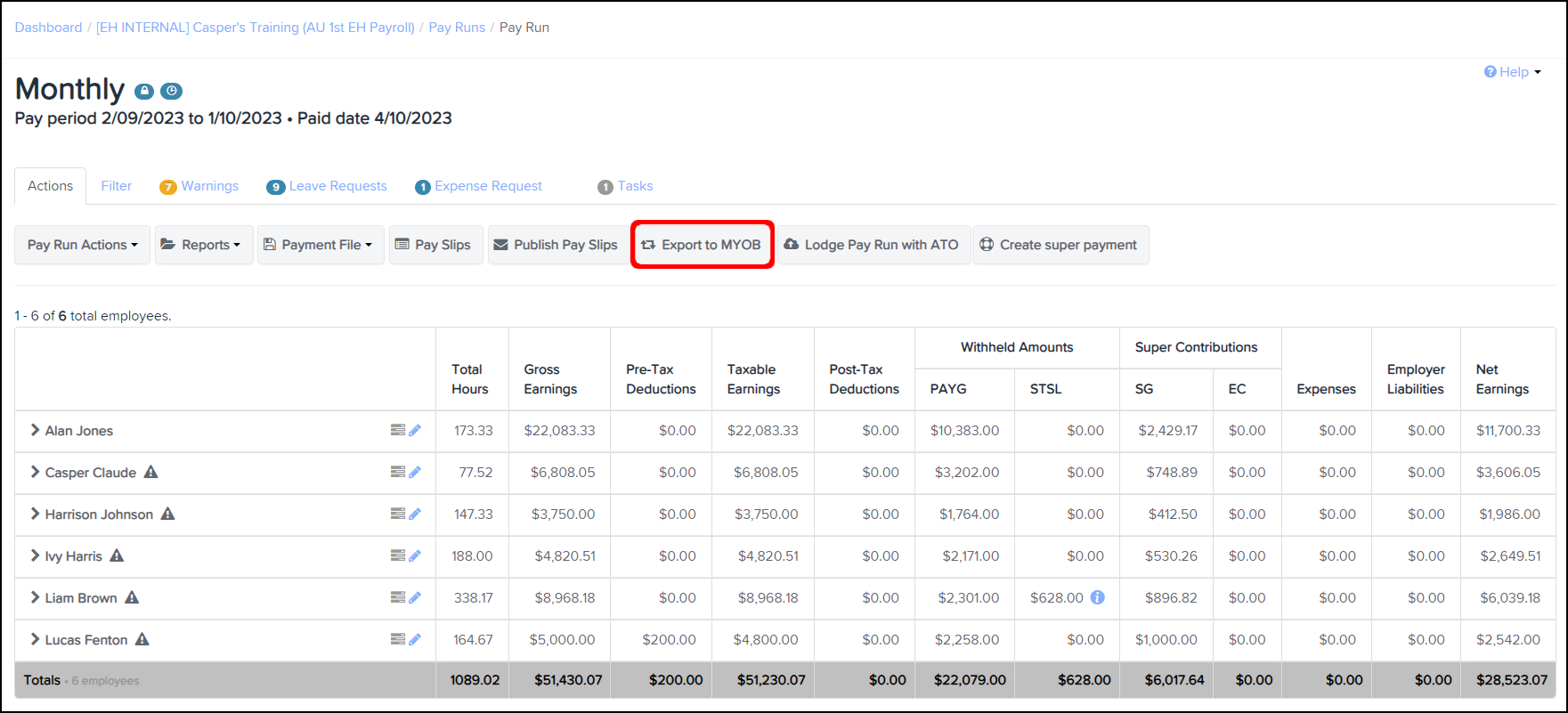 Screenshot of pay run, highlighting export to myob button.jpg