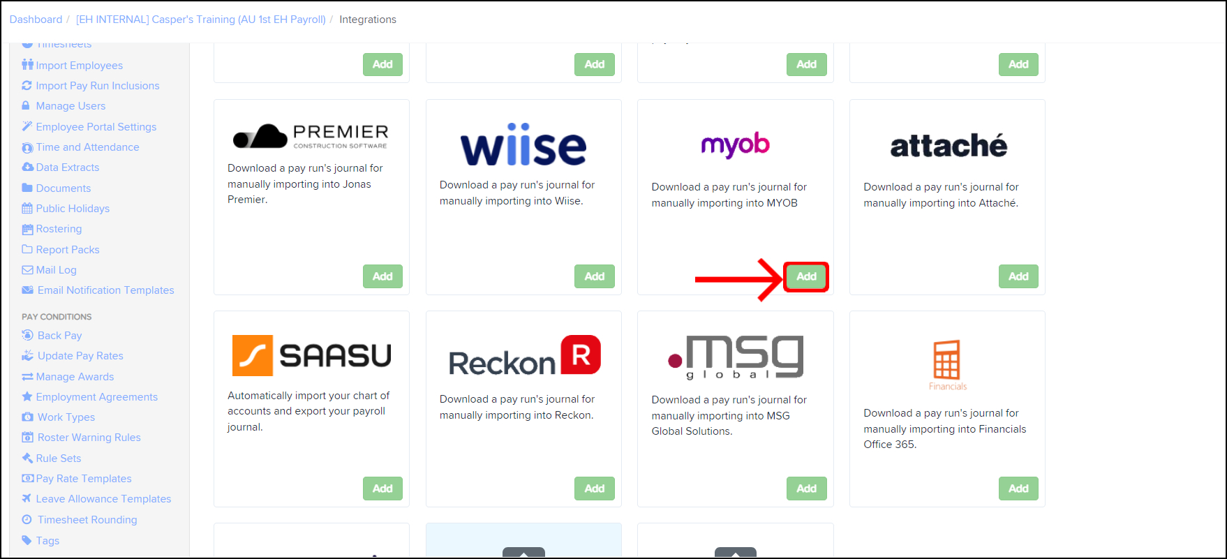 Screenshot of integrations screen, highlighting myob integration.jpg