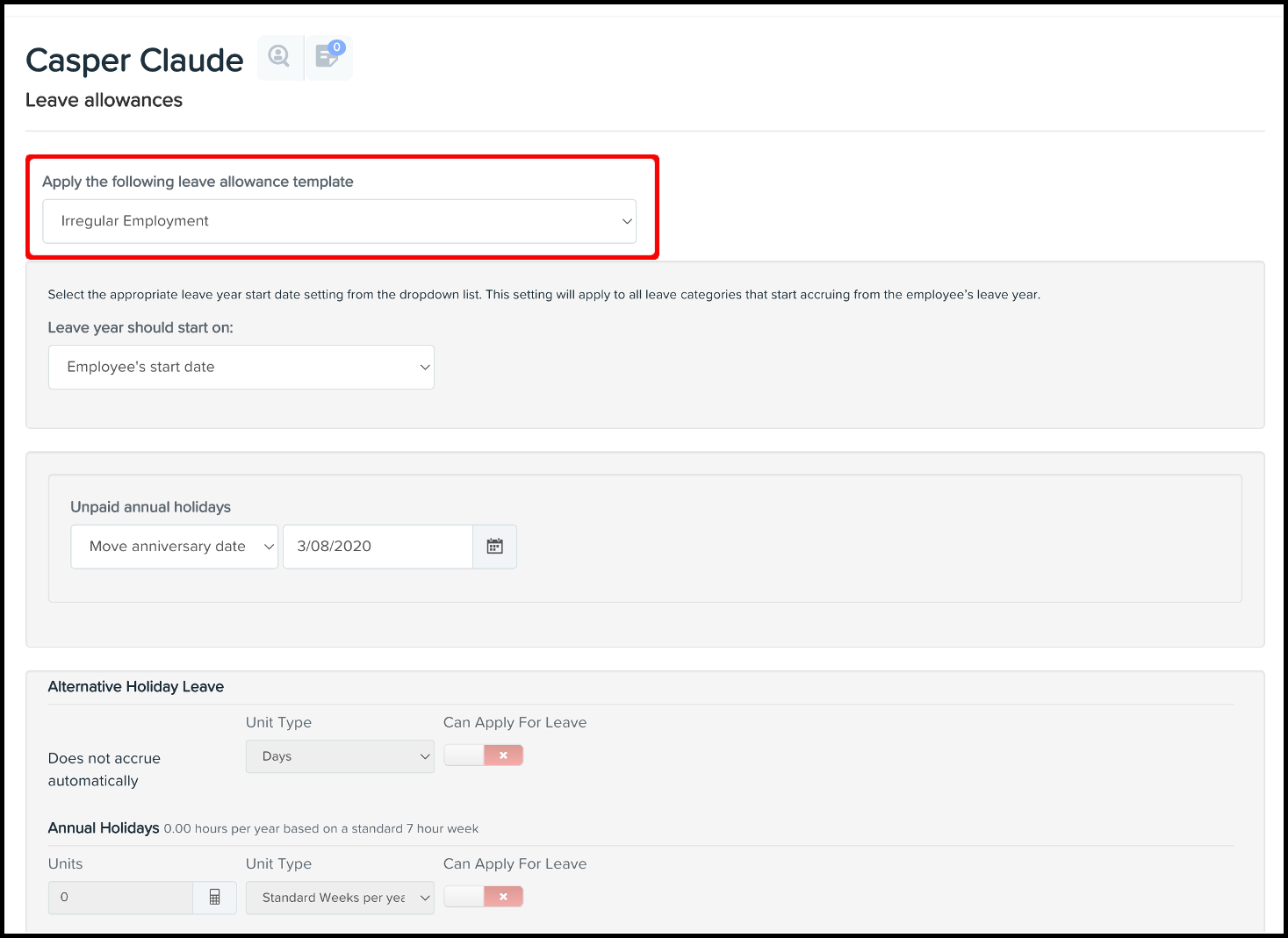 screenshot of leave allowances page in payroll platform to show template menu