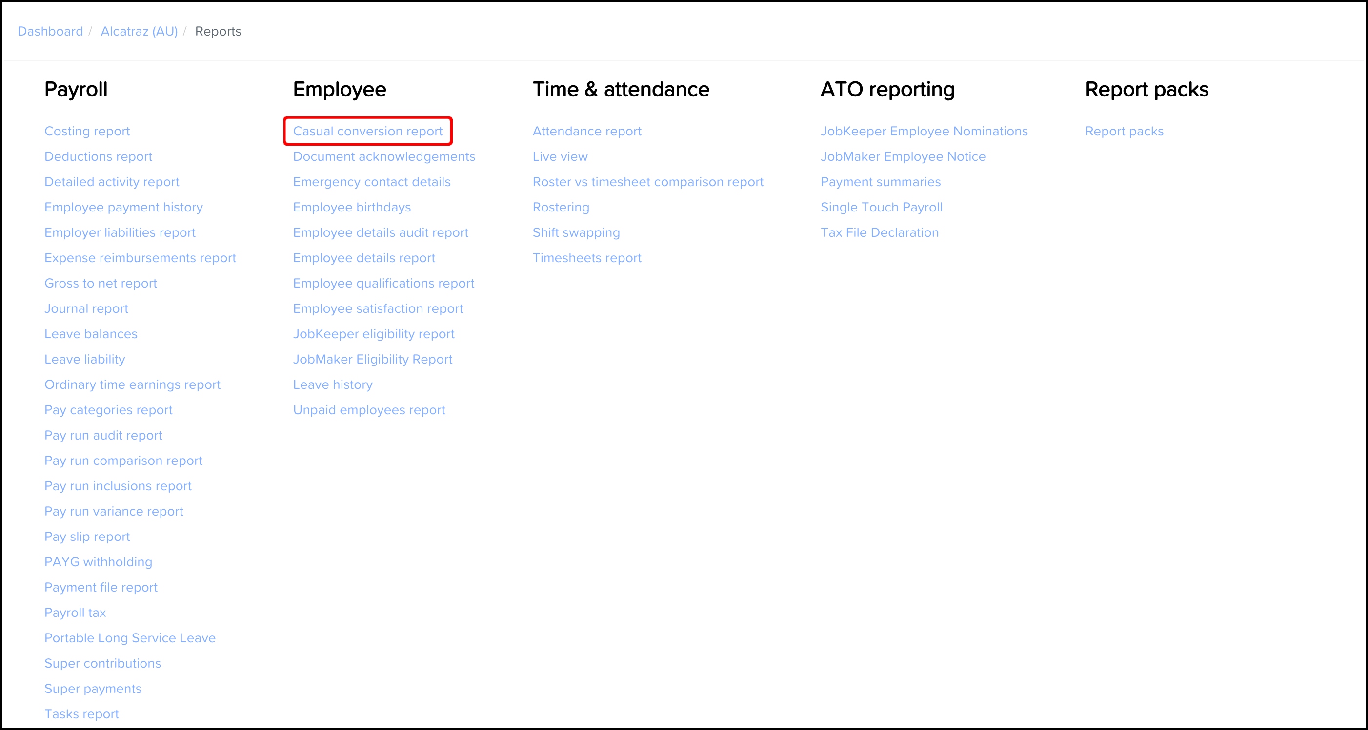 screenshot of the reports menu, with a highlight on the casual conversion report selection