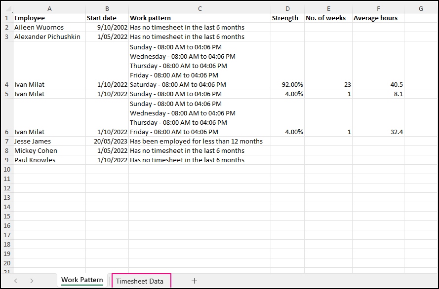 screenshot of the casual conversion report excel file