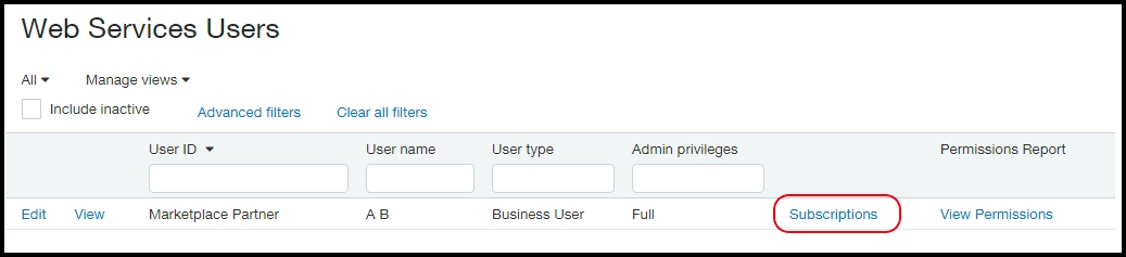 screenshot of the web services users section, highlighting the subscriptions button