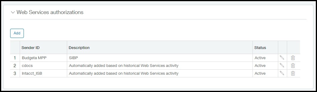 screenshot of the web services authorizations section