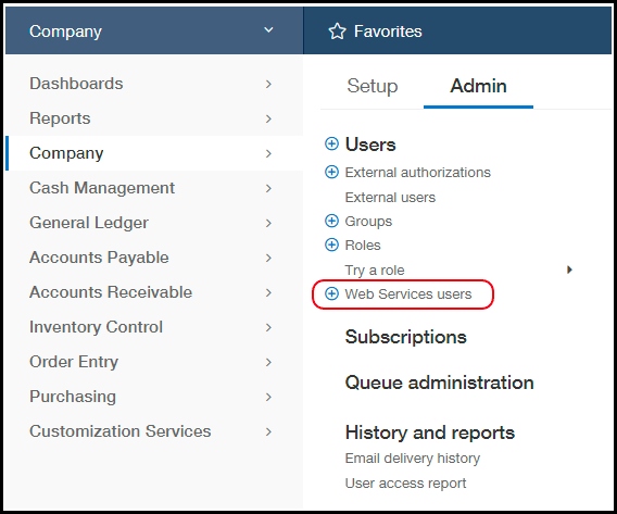 screenshot of the users submenu, with web services users highlighted