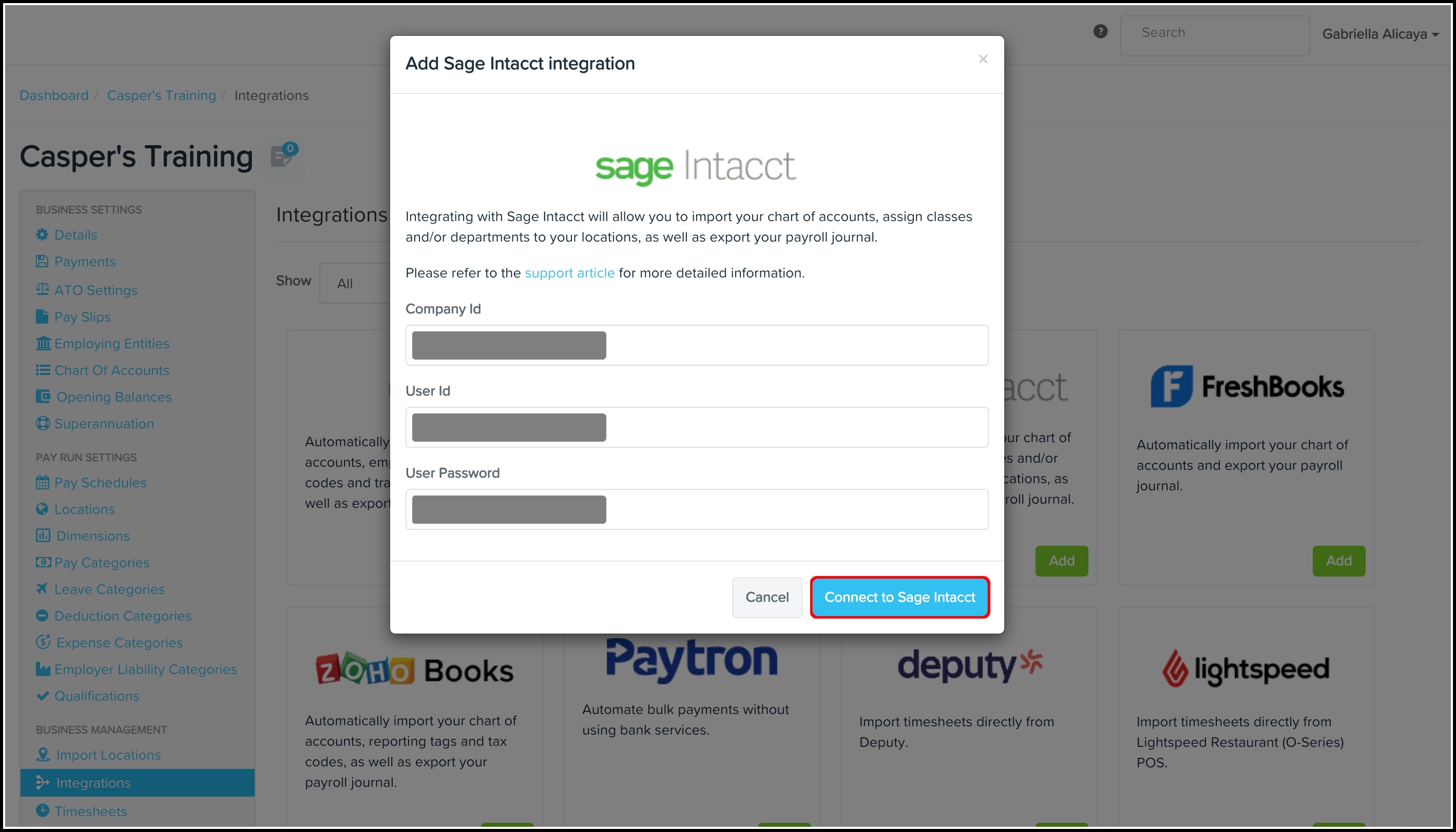 screenshot of the add sage intacct integration modal, highlighting the connect to sage intacct button